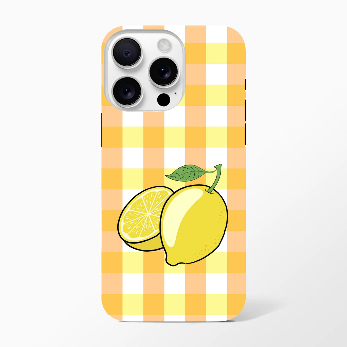 Yellow and orange gingham iPhone case featuring a whole lemon and slice illustration with a green leaf.