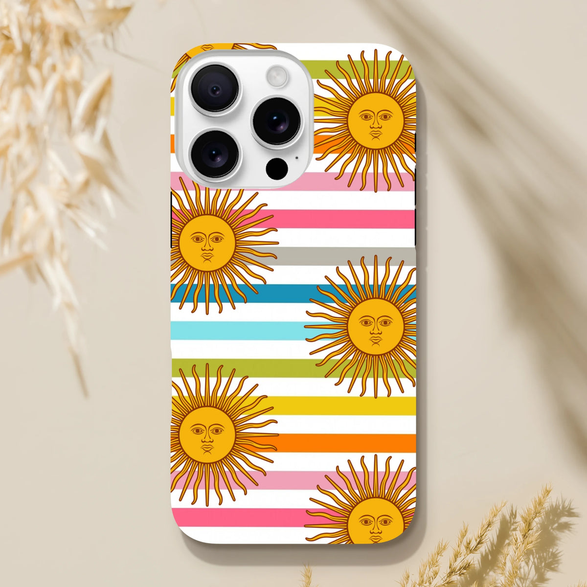 Retro iPhone case featuring golden celestial suns with faces on colorful horizontal stripes for durable daily protection.