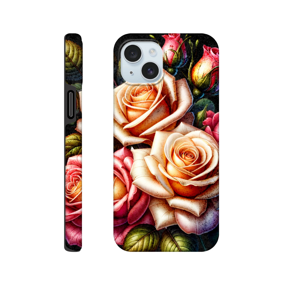 Romantic floral iPhone case featuring detailed peach and pink roses on a dark background with reinforced protective corners.