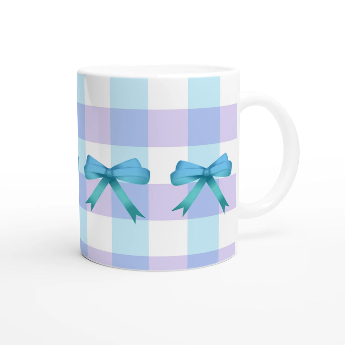 Blue Gingham Bow Mug with pastel stripes and blue bows, ideal for daily coffee or tea.