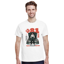 White Retro JDM streetwear tee featuring vintage +81 graphic with modified car and character.