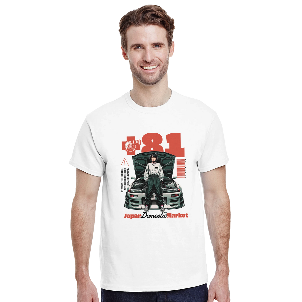 White Retro JDM streetwear tee featuring vintage +81 graphic with modified car and character.