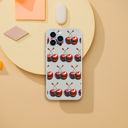 Repeating cherry pattern slim protective phone case for iPhone 13 14 15 16 with transparent frost finish.