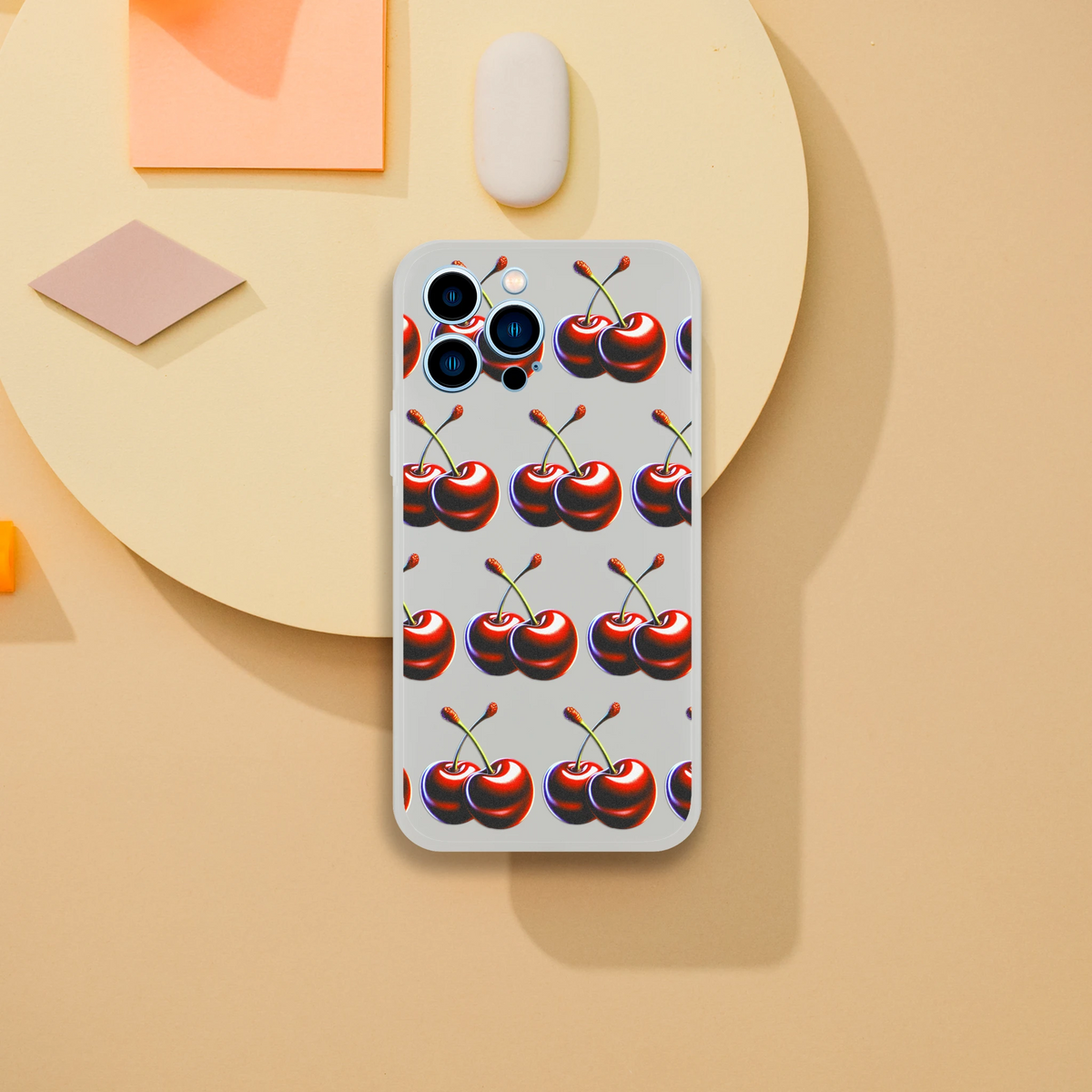 Repeating cherry pattern slim protective phone case for iPhone 13 14 15 16 with transparent frost finish.