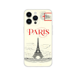 Vintage postcard-inspired iPhone case (13-16) with Paris stamp, Eiffel Tower illustration, bold red PARIS text.