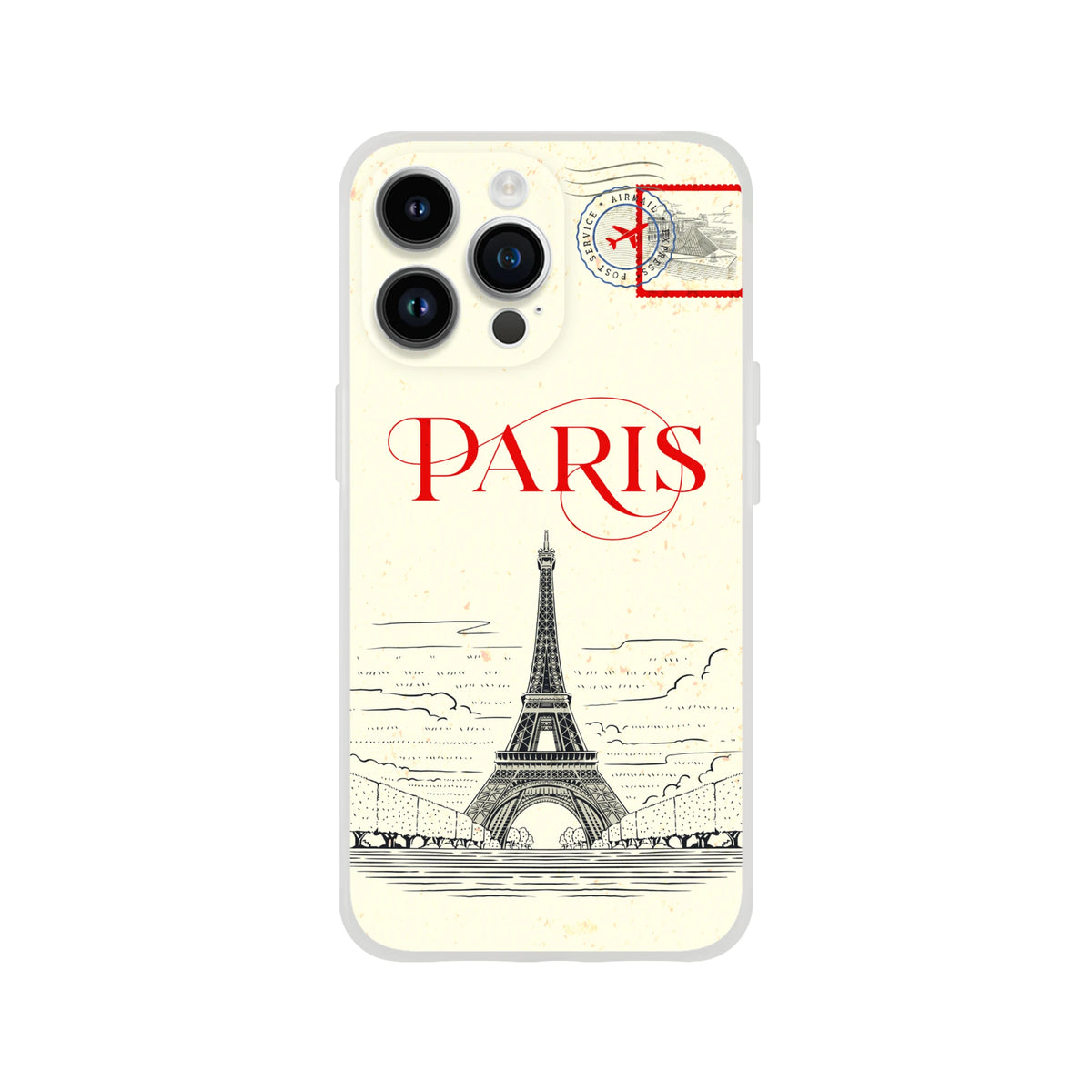 Vintage postcard-inspired iPhone case (13-16) with Paris stamp, Eiffel Tower illustration, bold red PARIS text.