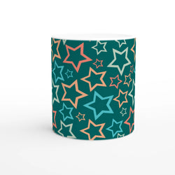 Retro multicolour star mug with teal body and white interior, a Y2K aesthetic ceramic coffee cup.