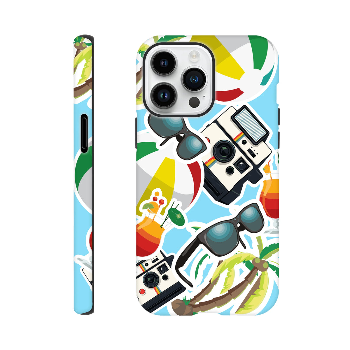 Blue summer holiday sticker iPhone case featuring palm trees, beach balls, sunglasses, and vintage cameras on a light blue background.