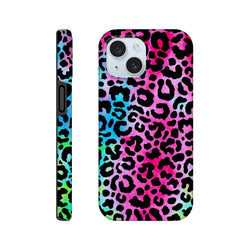Vibrant rainbow leopard print tough iPhone case providing drop protection and wireless charging access with bold animal print style.