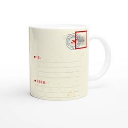 Vintage Paris postcard mug with retro stamp design, postal marks, and cream finish.