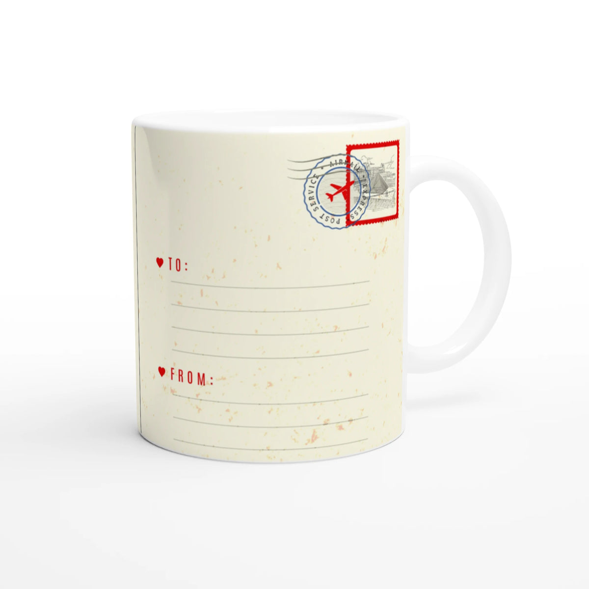 Vintage Paris postcard mug with retro stamp design, postal marks, and cream finish.