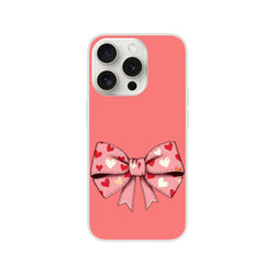 Cute pink iPhone case for 13-16 with a cream bow and heart-patterned ribbon on the back.