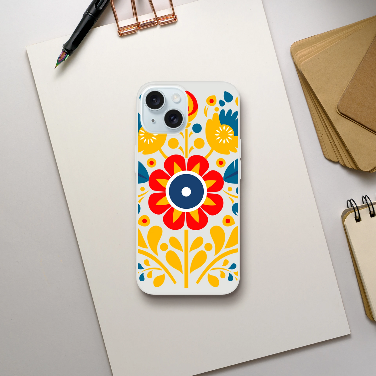 Floral phone case slim protective cover for iPhone 13-16 with frosty transparent finish and vibrant flower design