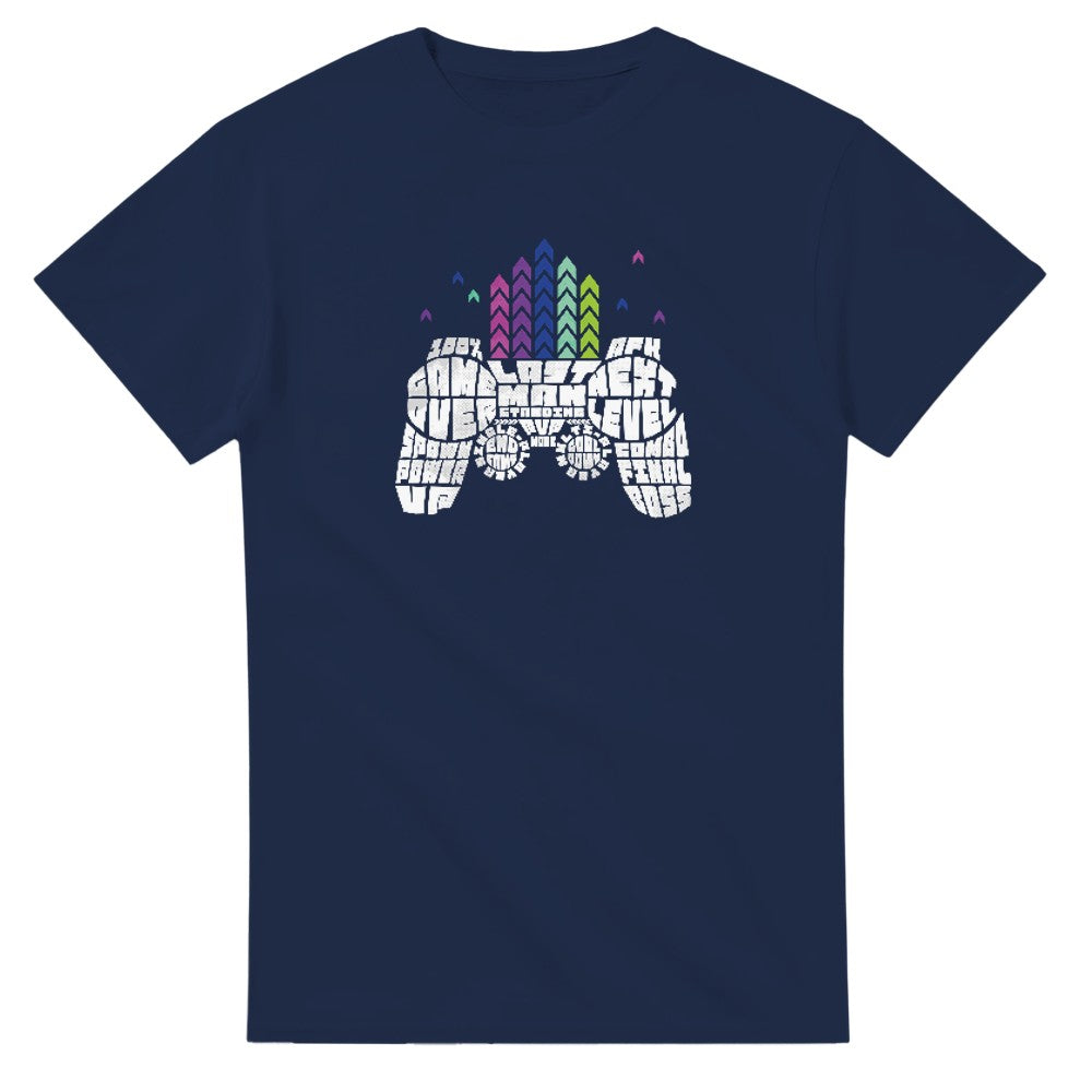 Navy Retro Gamer men's graphic tee featuring a white arcade controller design and colorful pixel towers.