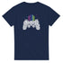 Navy Retro Gamer men's graphic tee featuring a white arcade controller design and colorful pixel towers.