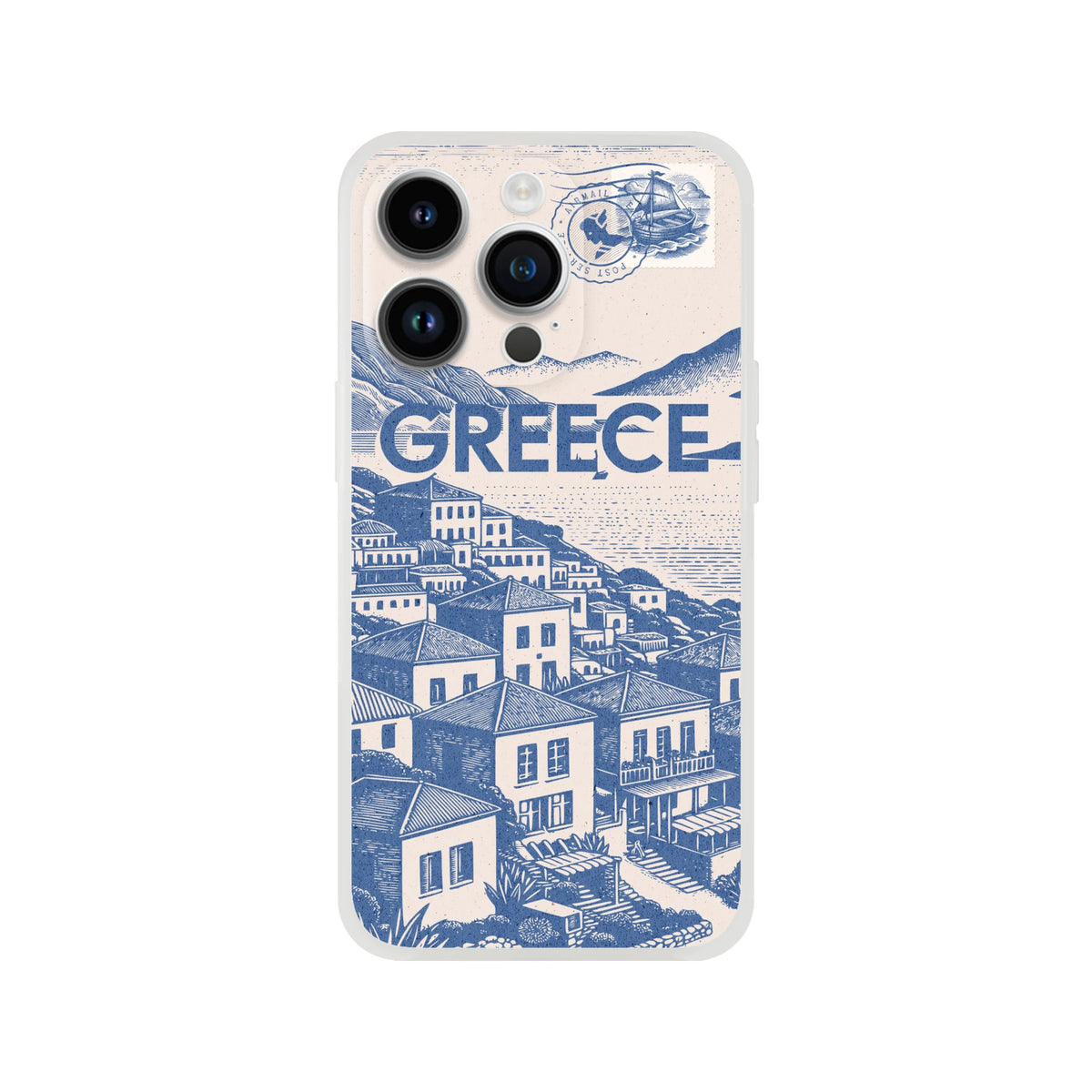 Vintage postcard-style Greece holiday iPhone case for iPhone 13–16 with blue townscape illustration.