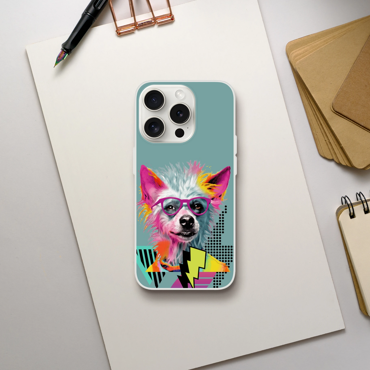 Funny Dog iPhone Case (13-16) retro dog aesthetic, slim, matte teal cover with a colorful dog wearing pink glasses.