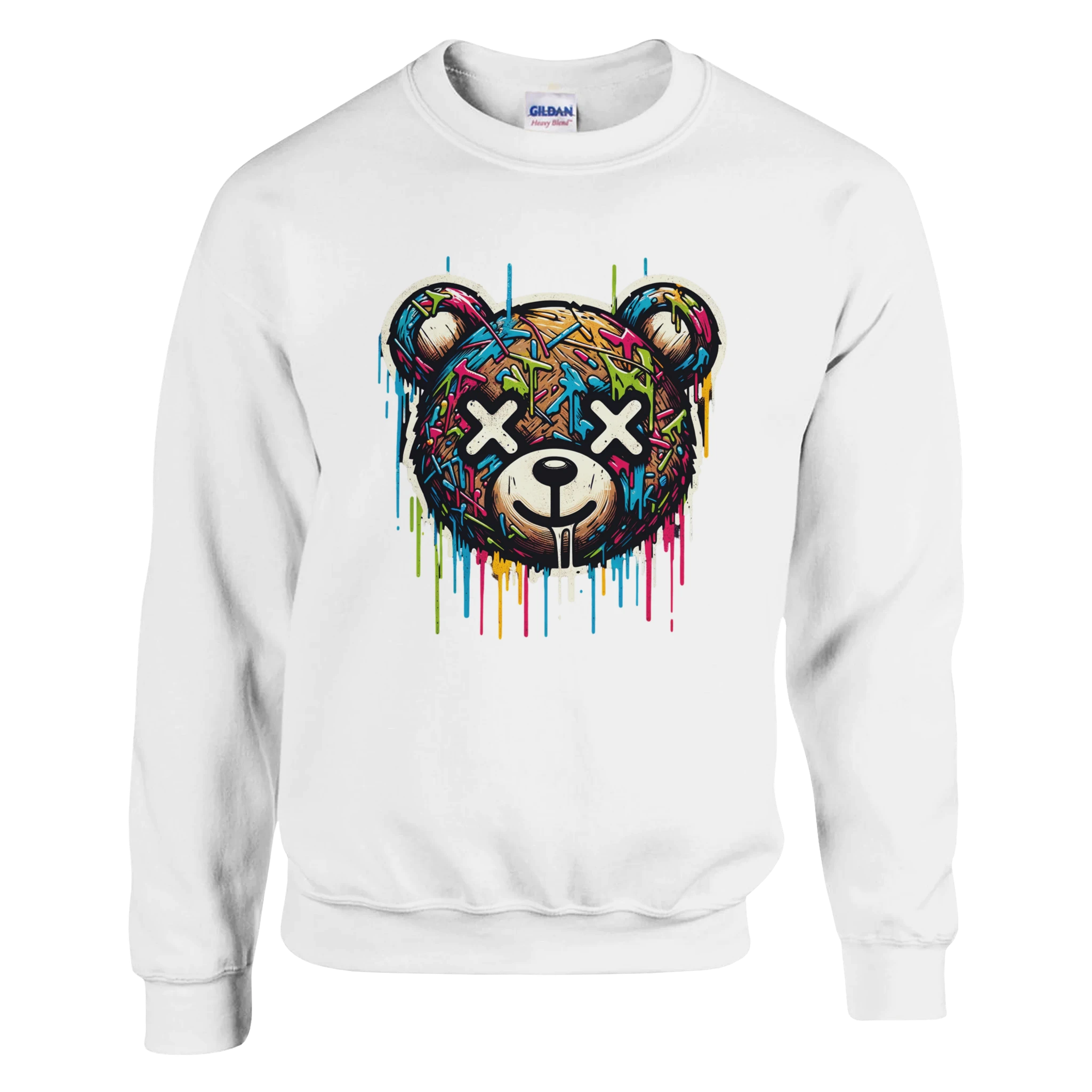 White men's sweatshirt featuring a colorful dripping teddy bear graphic with X-eyed face.