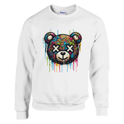White men's sweatshirt featuring a colorful dripping teddy bear graphic with X-eyed face.