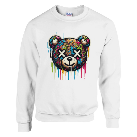 White men's graphic sweatshirt with a colorful bear graphic on a white background