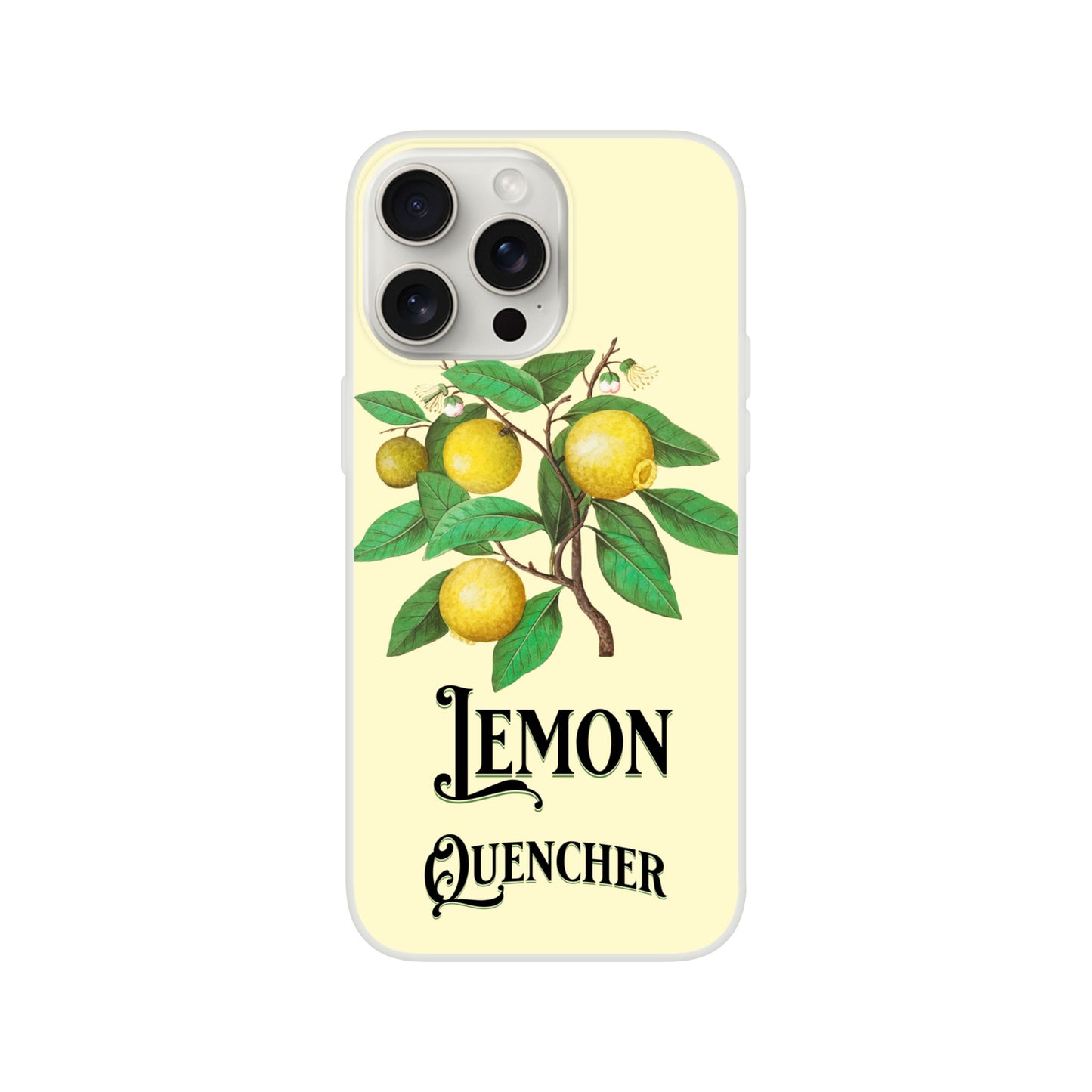 iPhone case with lemon design and 'Lemon Quencher' text on a yellow background 12