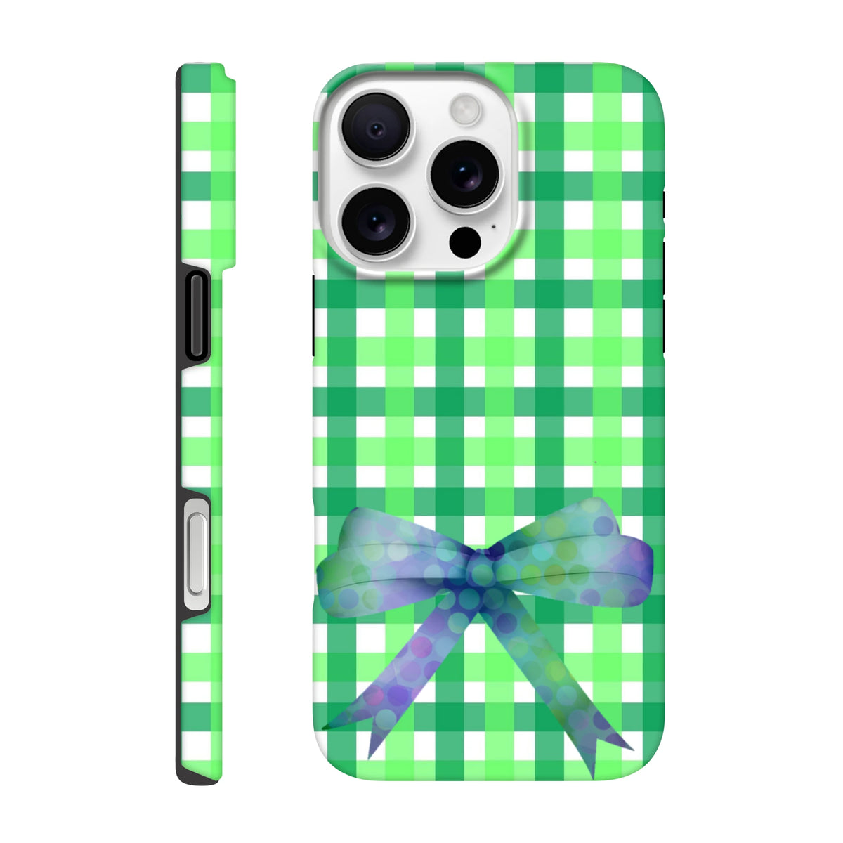 Green gingham iPhone case with a purple polka dot bow and seamless coquette wraparound design for tough protection.