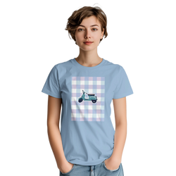 Light blue graphic tee for women featuring a retro scooter on a pastel gingham background for cute streetwear vibes.