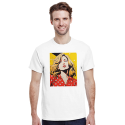 White vintage streetwear t-shirt featuring retro pop art graphic of a blonde woman in a red polka dot shirt against a yellow background.