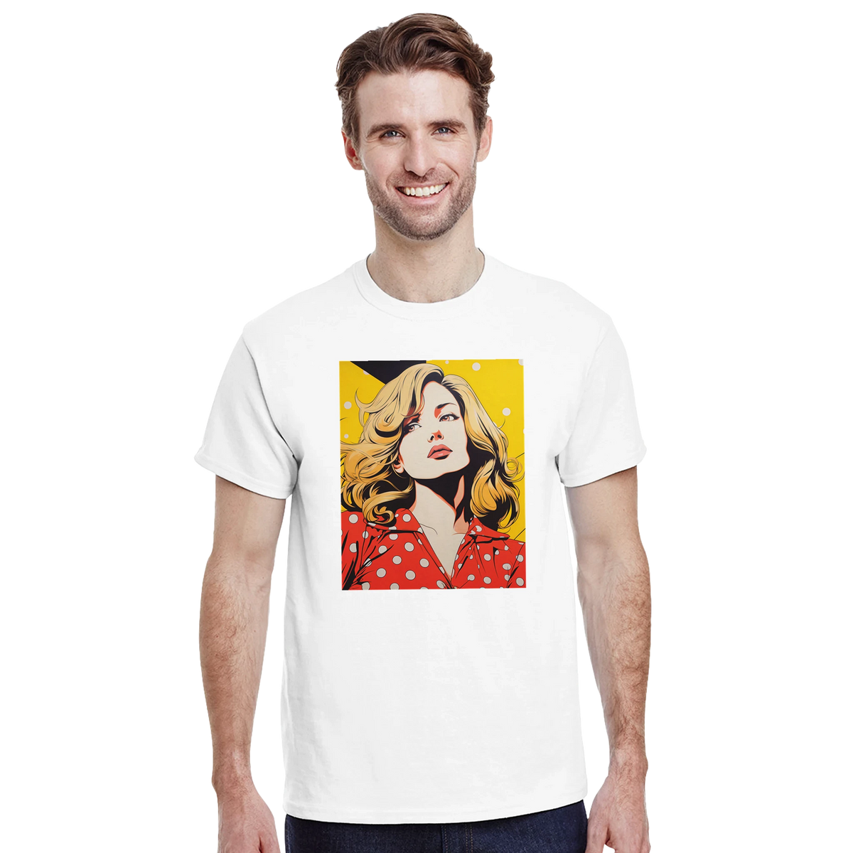 White vintage streetwear t-shirt featuring retro pop art graphic of a blonde woman in a red polka dot shirt against a yellow background.
