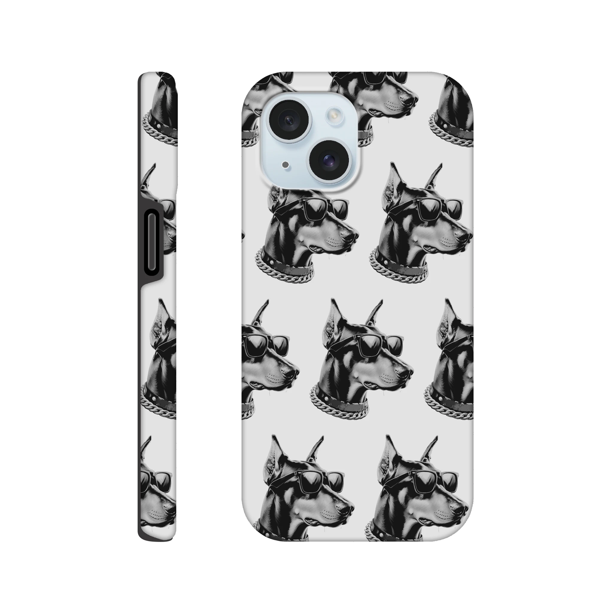 Dual-layer gangster dog protective phone case for iPhone 16–13 with wraparound glossy print.