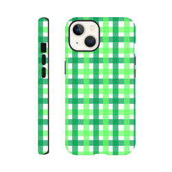 Retro green gingham iPhone tough case with bold plaid pattern and shock-absorbing protection for iPhone 13-16.
