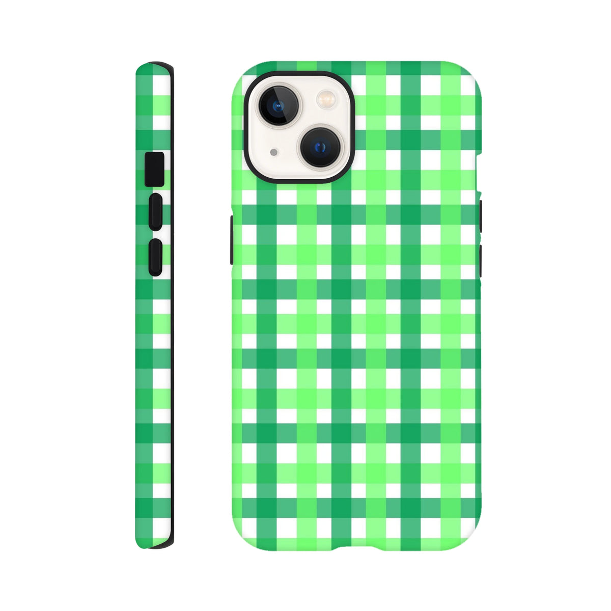 Retro green gingham iPhone tough case with bold plaid pattern and shock-absorbing protection for iPhone 13-16.