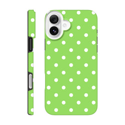 Green & white polka dot tough iPhone case featuring a cute dual-layer design with shock-absorbing TPU core and glossy finish for drop protection.