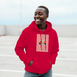 Woman wearing red Vintage Mod style pullover hoodie featuring a retro scooter graphic on vertical striped background.