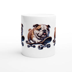 Glossy white ceramic mug with skateboard bulldog design, perfect gift for him.