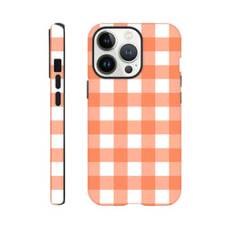 Retro orange gingham tough iPhone case featuring shock-absorbing protection and a classic checkered design for models 13-16.