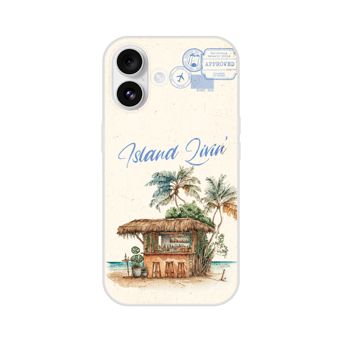 Vintage Postcard iPhone Case Island Holiday design with palm trees, beach hut, and retro stamp motifs