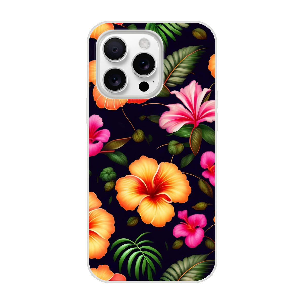 Vibrant tropical hibiscus floral iPhone case for 13-16 with bold blossoms and green leaves on dark background