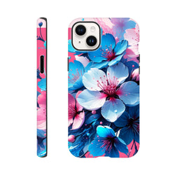 Vibrant blue and pink floral iPhone case design. Tough flower phone cover for daily carry and urban style.