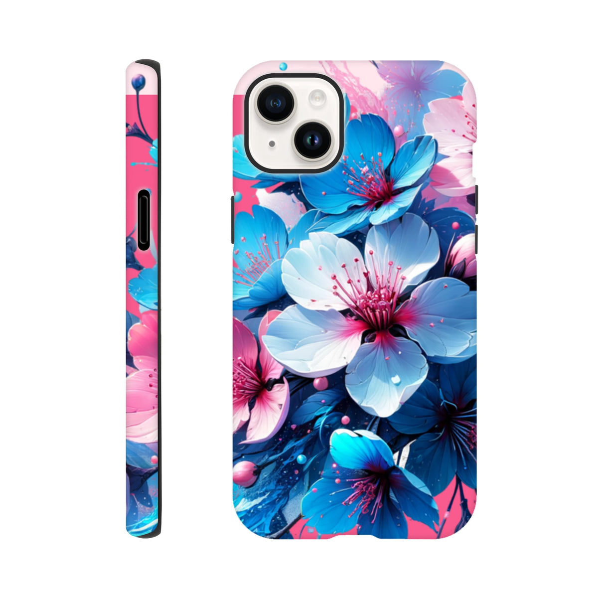 Vibrant blue and pink floral iPhone case design. Tough flower phone cover for daily carry and urban style.