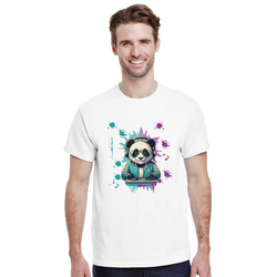 White men's tee featuring a colorful graphic of a panda DJ with headphones and turntables, surrounded by teal and purple art splashes.