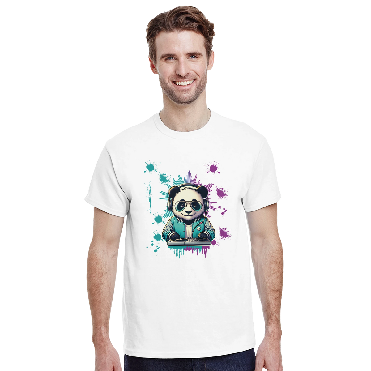 White men's tee featuring a colorful graphic of a panda DJ with headphones and turntables, surrounded by teal and purple art splashes.