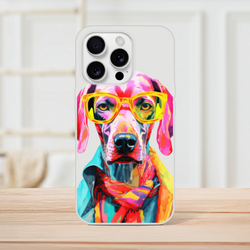 Colorful dog illustration on a clear iPhone case for models 13-16 with yellow sunglasses; slim, protective Flexi Case.