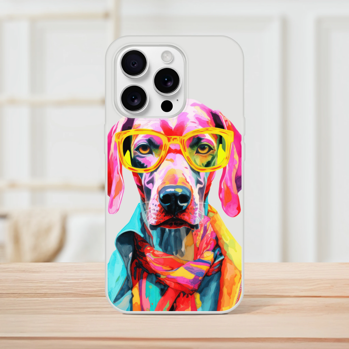 Colorful dog illustration on a clear iPhone case for models 13-16 with yellow sunglasses; slim, protective Flexi Case.
