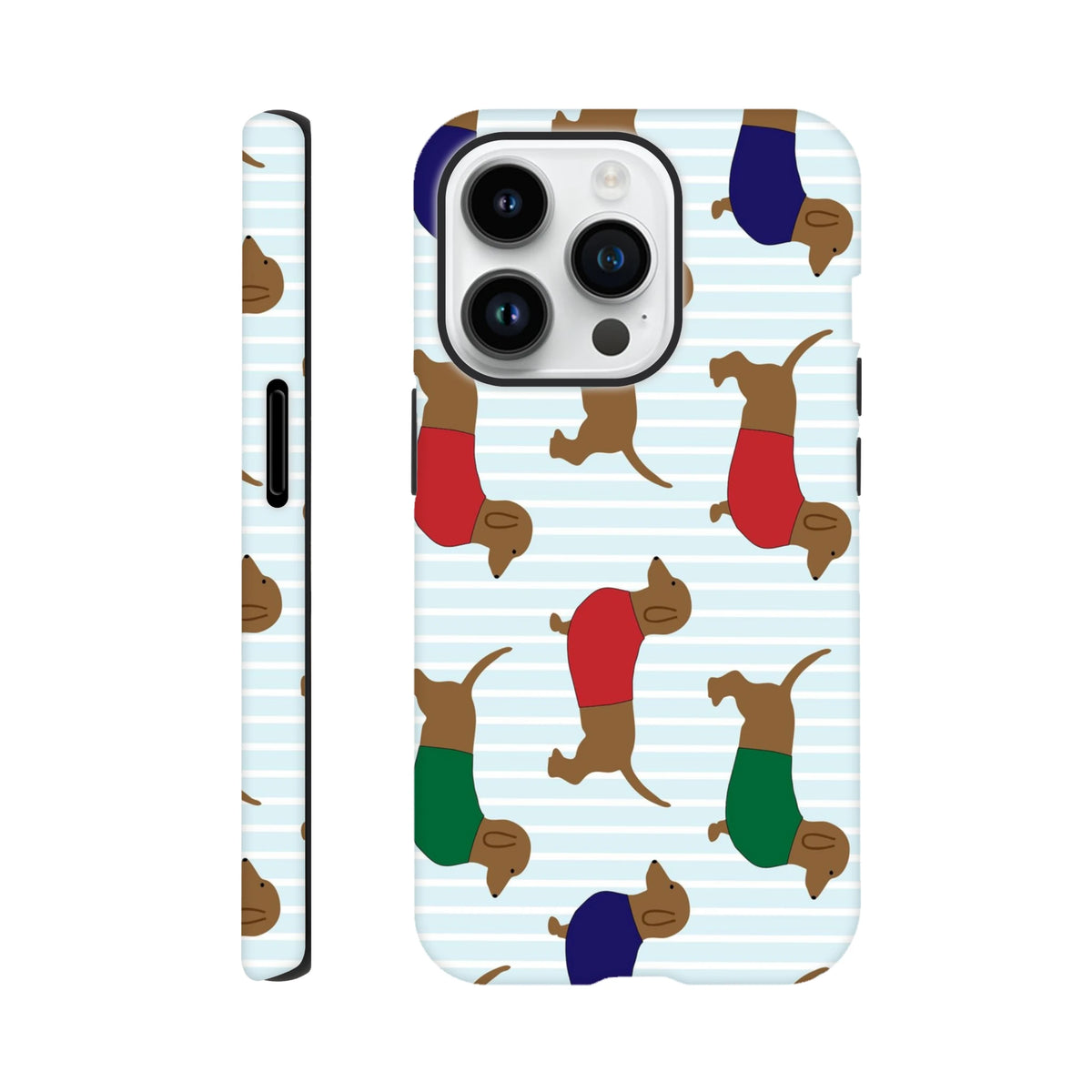 Cute dachshund iPhone case featuring sausage dogs in colorful sweaters on a light blue striped background. Tough protective phone cover.