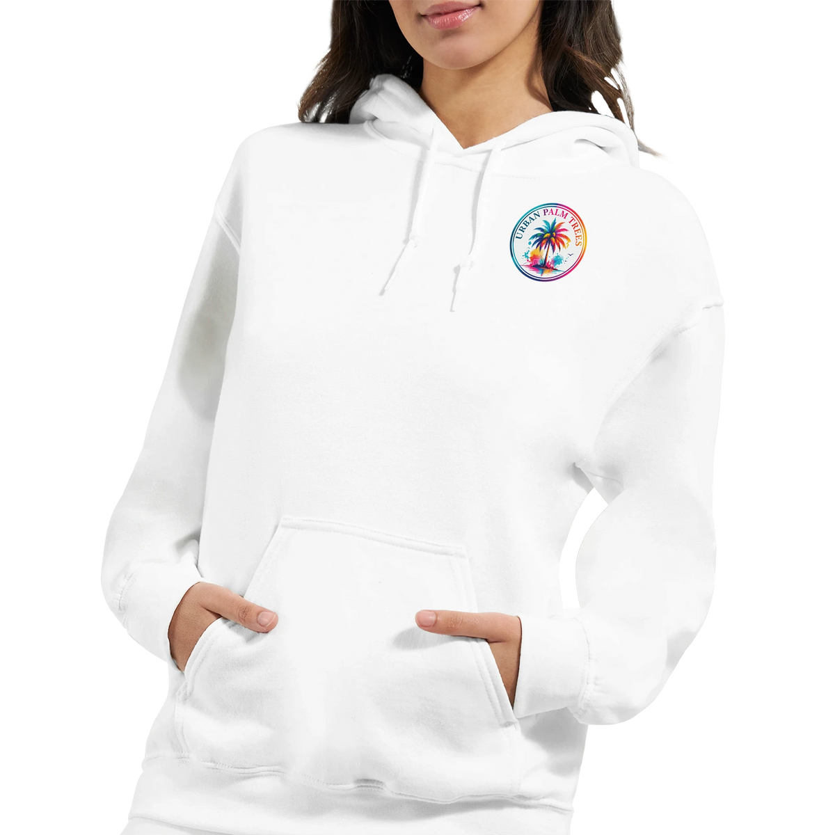 White women's hoodie with colorful retro palm tree logo on chest and front kangaroo pocket.
