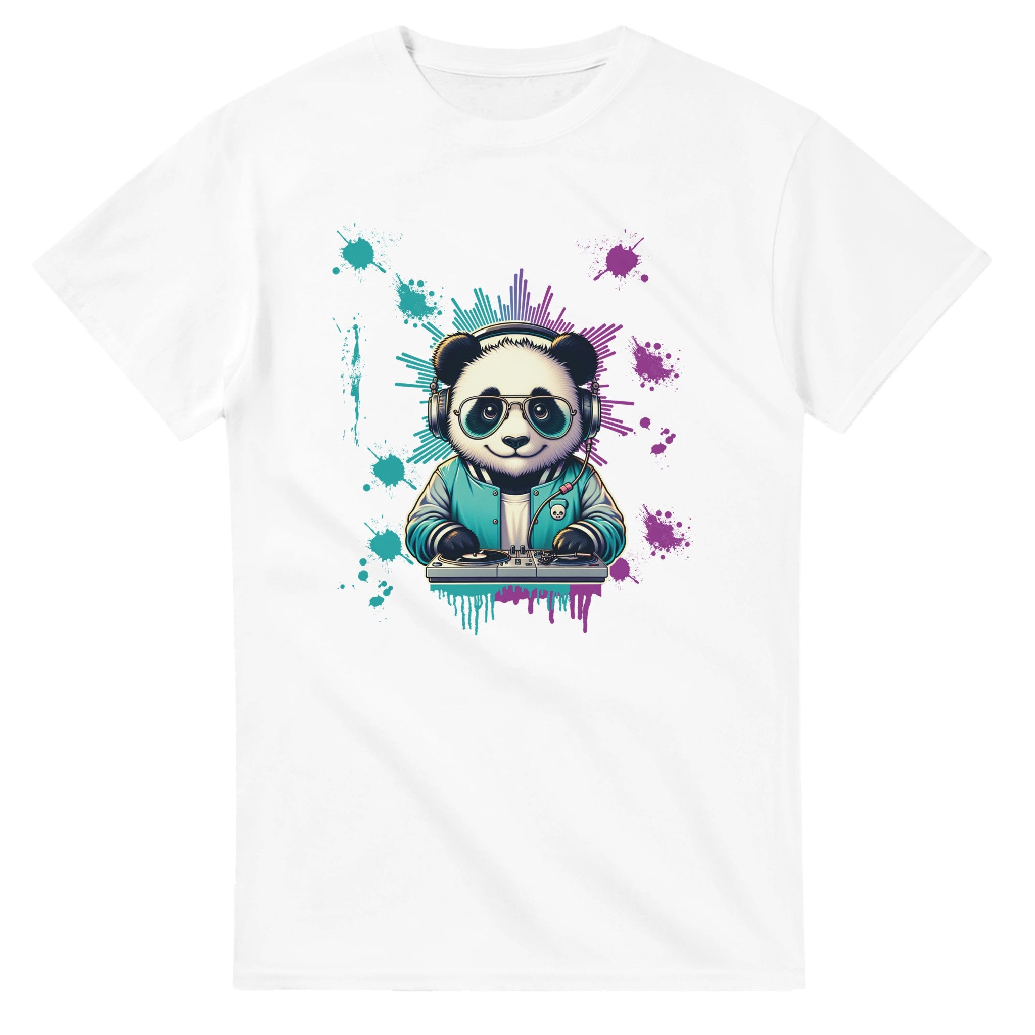 Panda DJ graphic t-shirt: panda wearing headphones at a turntable on a white tee with teal and purple paint splashes.