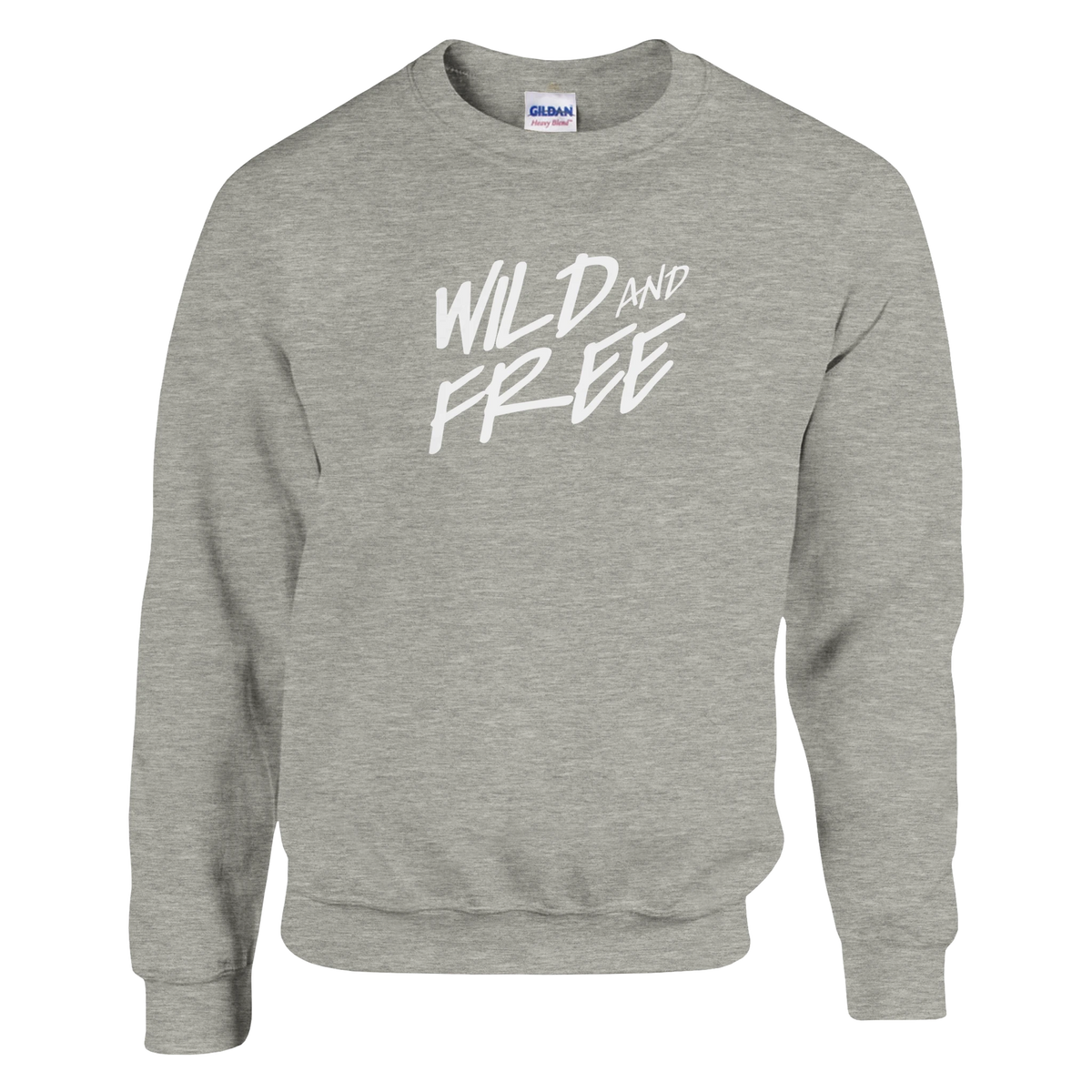 Gray heather women's sweatshirt with white Wild and Free slogan.