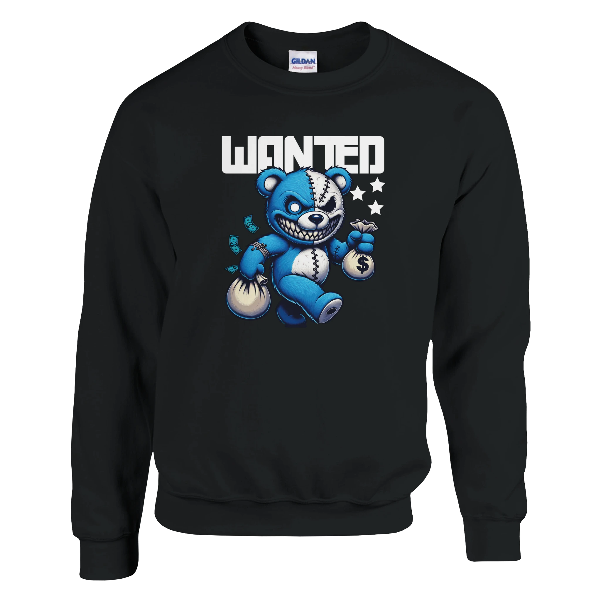 Wanted Teddy Bear men's graphic sweatshirt with blue bear holding money bags on black fabric