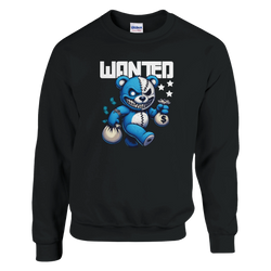 Wanted Teddy Bear men's graphic sweatshirt with blue bear holding money bags on black fabric